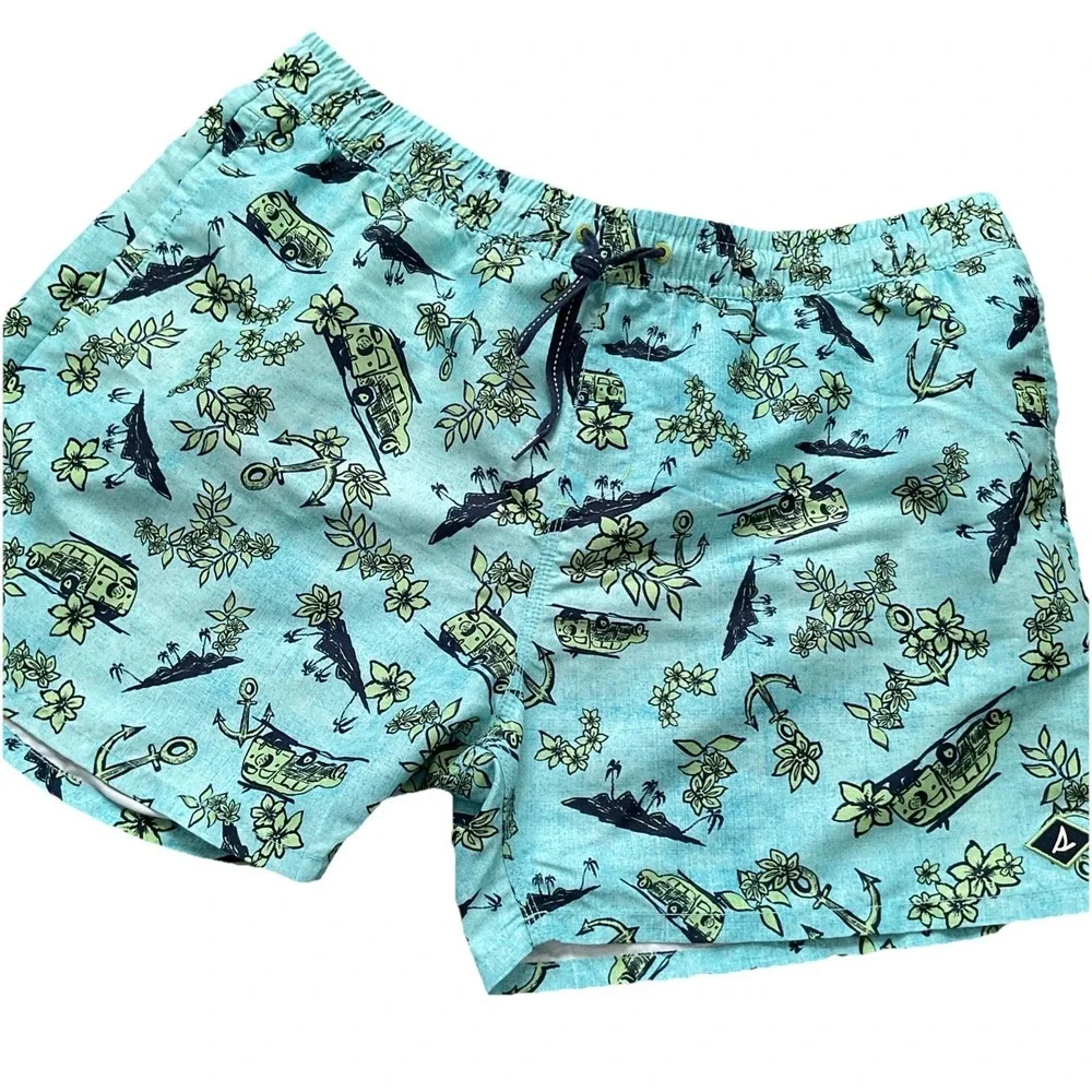 Men's Pull On Blue/green Surf Themed Swim Trunks/board Shorts Beach Vacation XL‎